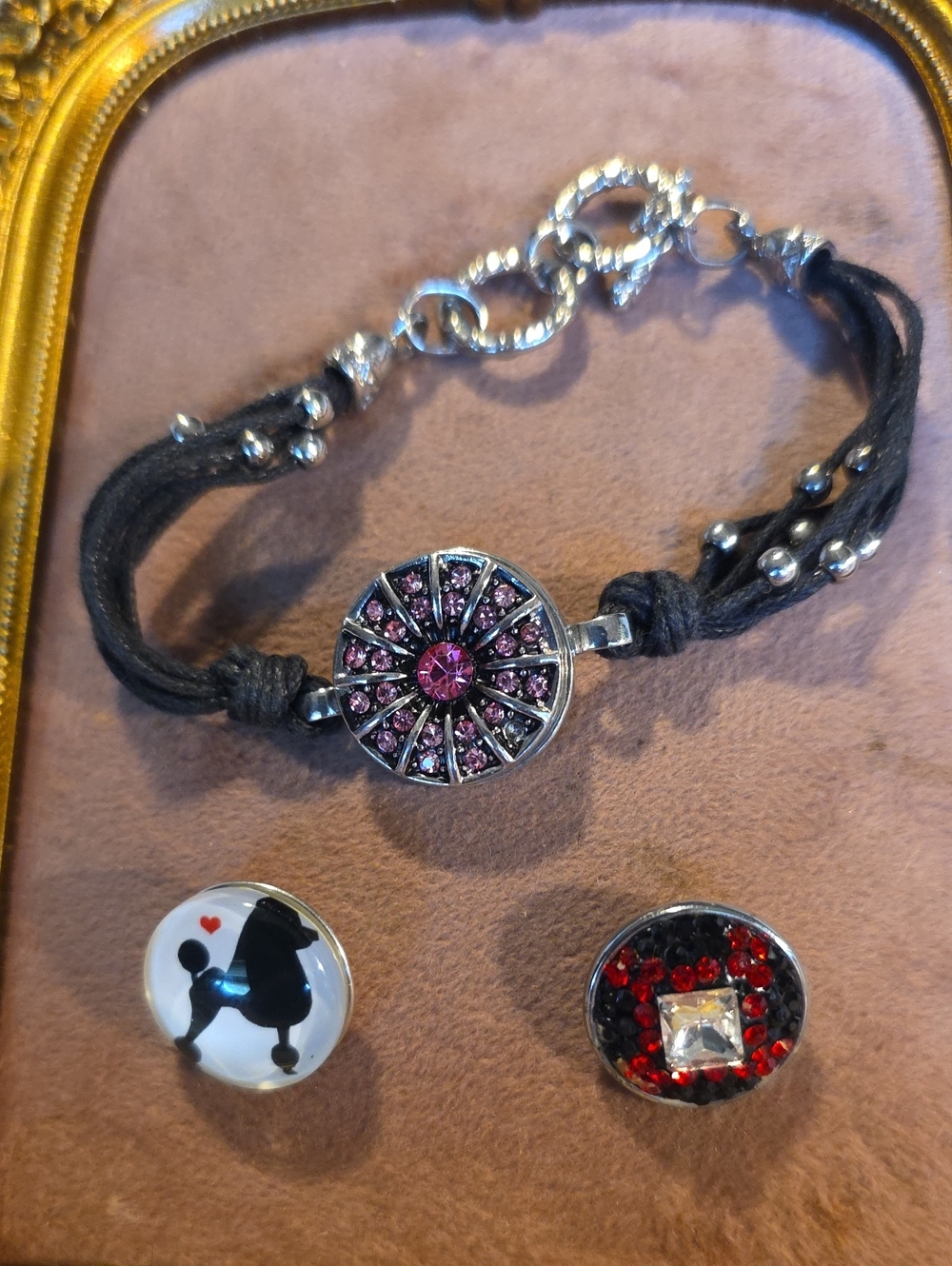 Ginger Snaps Black Cord Bracelet with 3 Interchangable Charms